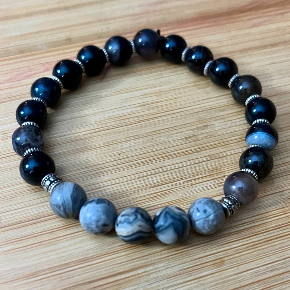 Black onyx and Jasper Gemstone Beads Gray Energy Stone bracelet